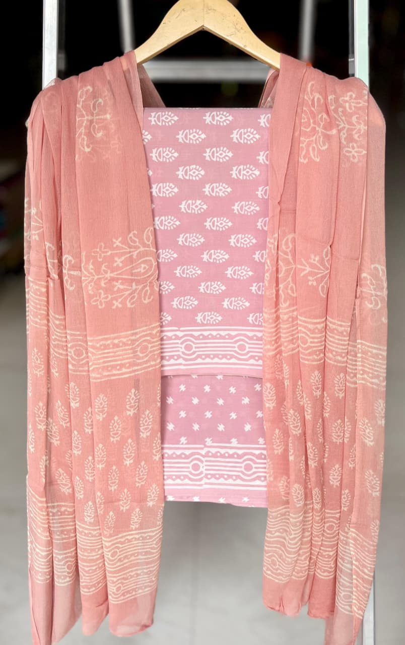 Pure Cotton Hand Block Printed Suit Set With Chiffon Dupatta