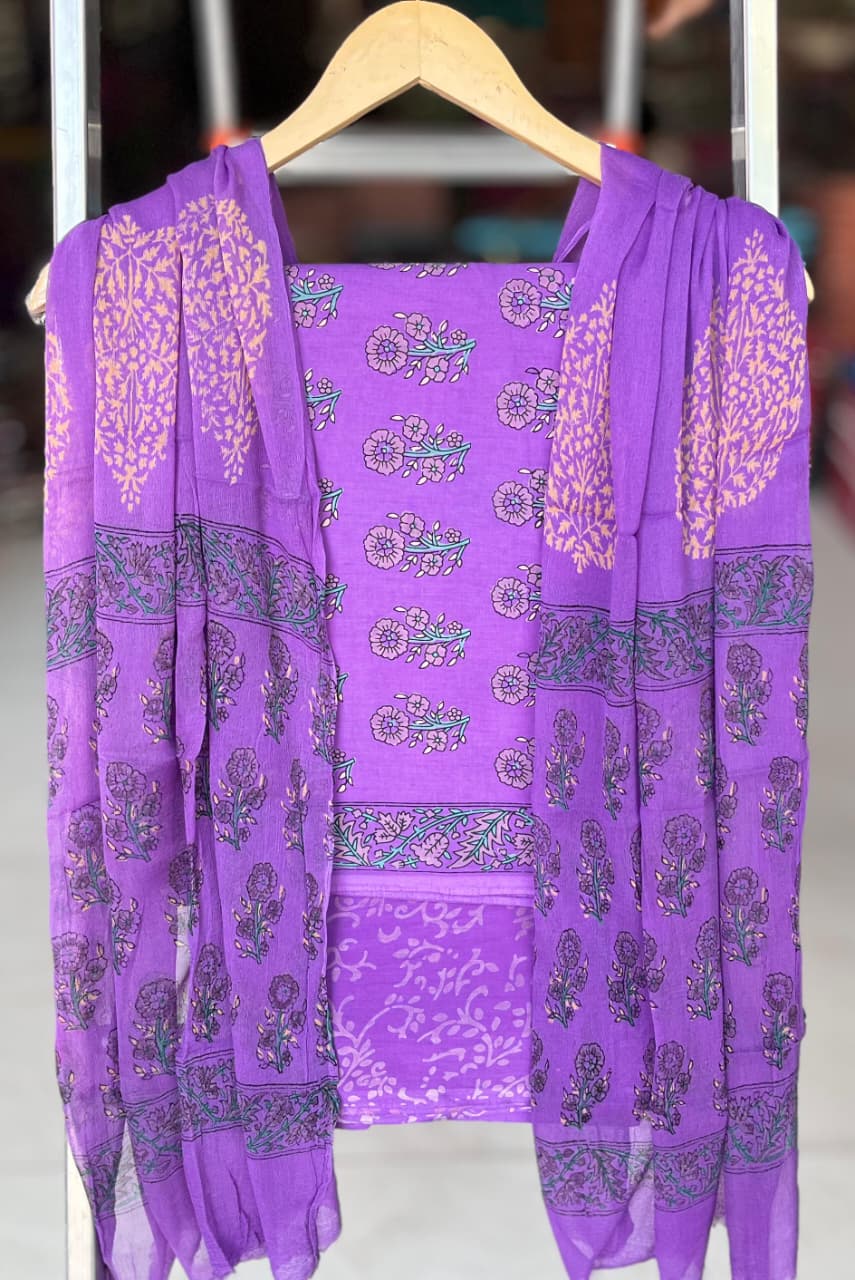 Pure Cotton Hand Block Printed Suit Set With Chiffon Dupatta