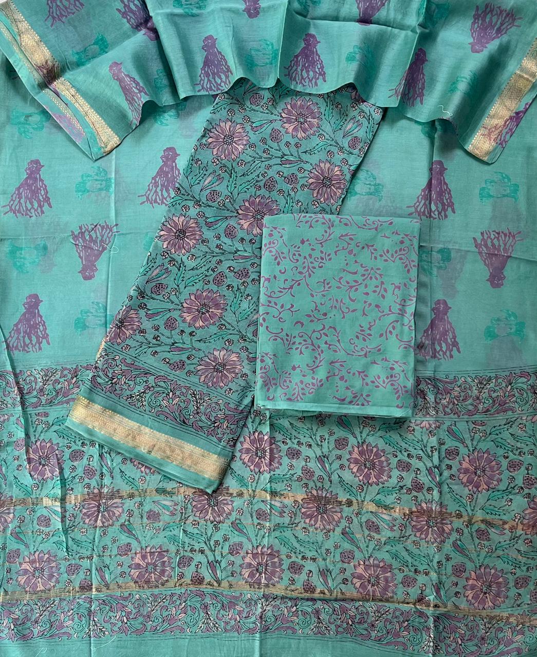 Premium Designer Handblock Printed Maheshwari Silk Suit Set