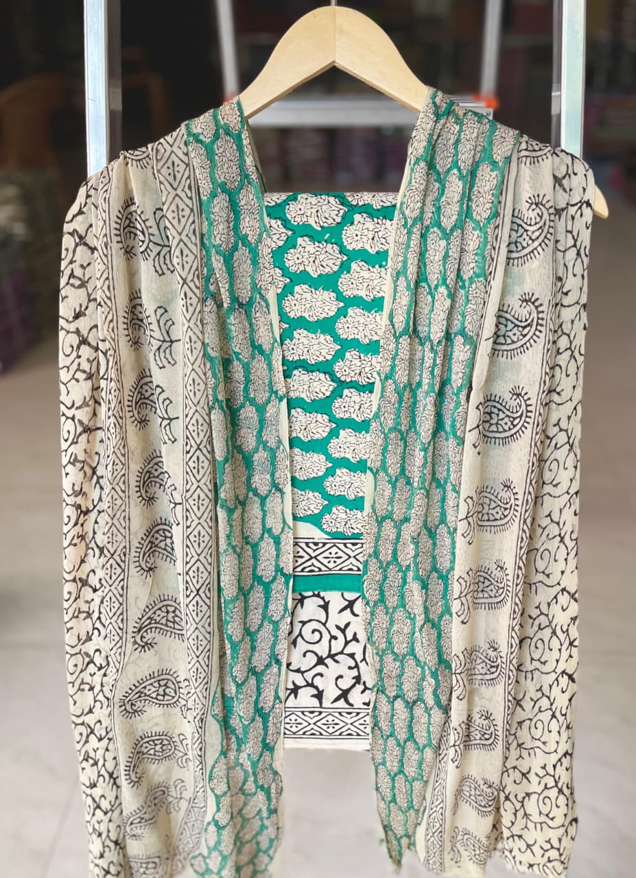 Pure Cotton Hand Block Printed Suit Set With Chiffon Dupatta