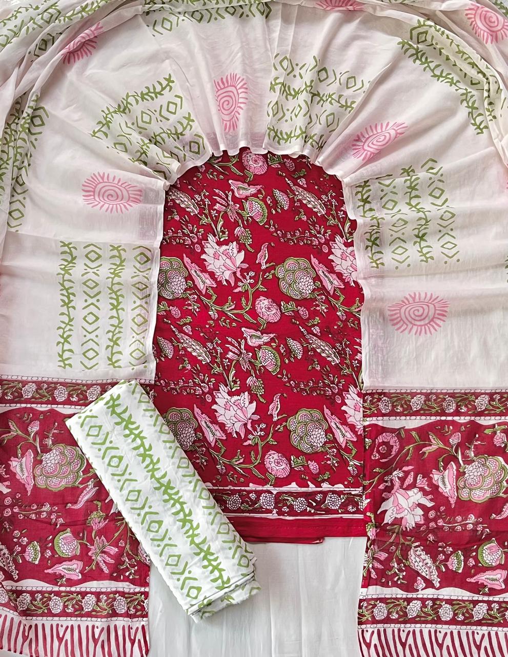 Pure Soft Cotton Hand Block Printed Suit Set With Cotton Dupatta