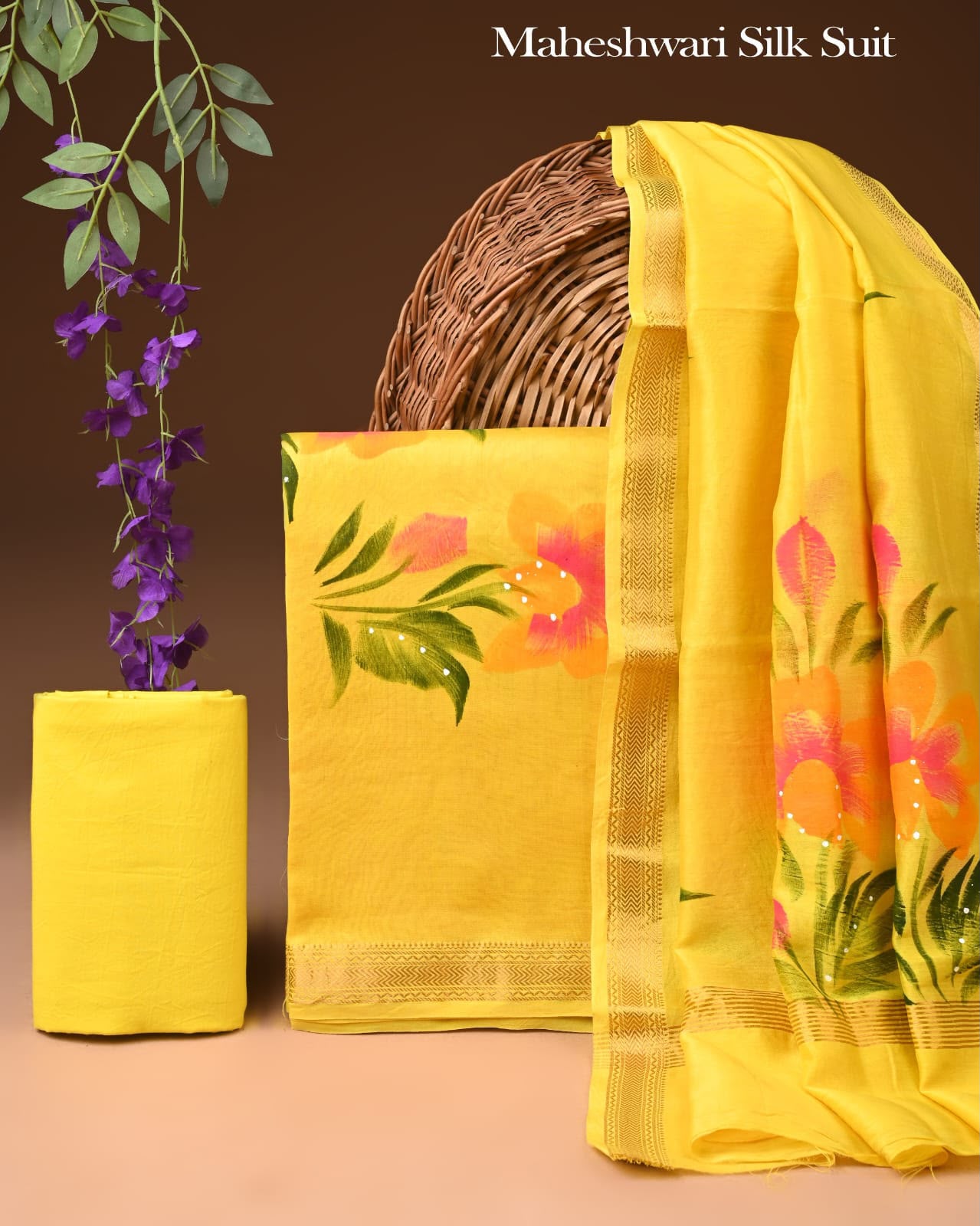 Premium Designer Handblock Printed Maheshwari Silk Suit Set