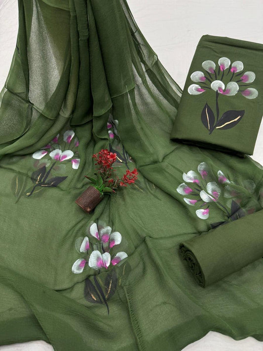 Pure Cotton Hand Block Printed Suit Set With Chiffon Dupatta