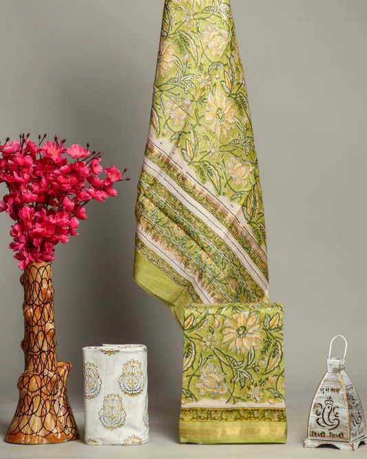 Designer Handblock Printed Maheshwari Silk Suit Set