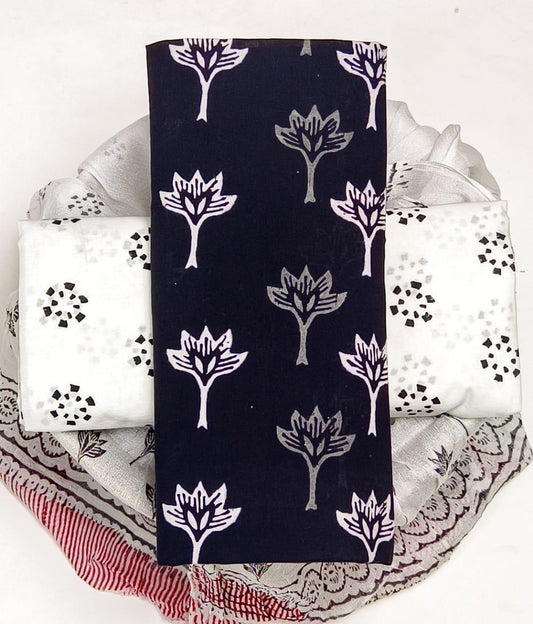 Pure Cotton Hand Block Printed Suit Set With Chiffon Dupatta