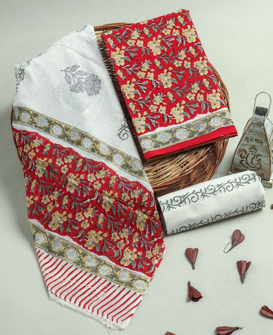 Designer Hand Block Printed Cotton Suit Set With Cotton Dupatta