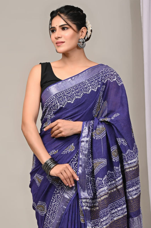 Pure Cotton Linen Handblock Printed Saree With Blouse