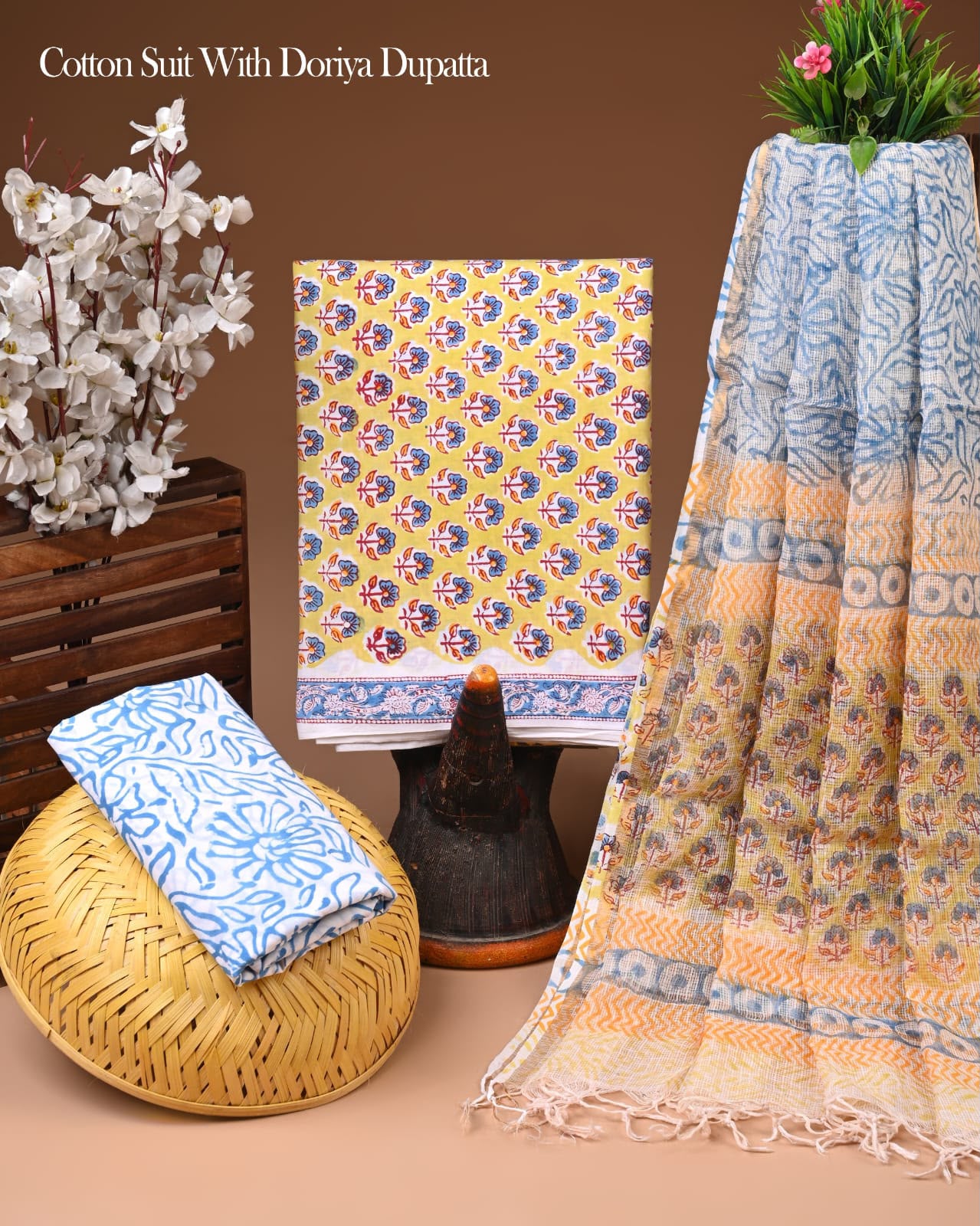 Pure Cotton Hand Block Printed Suit Set With Kota Doria Dupatta