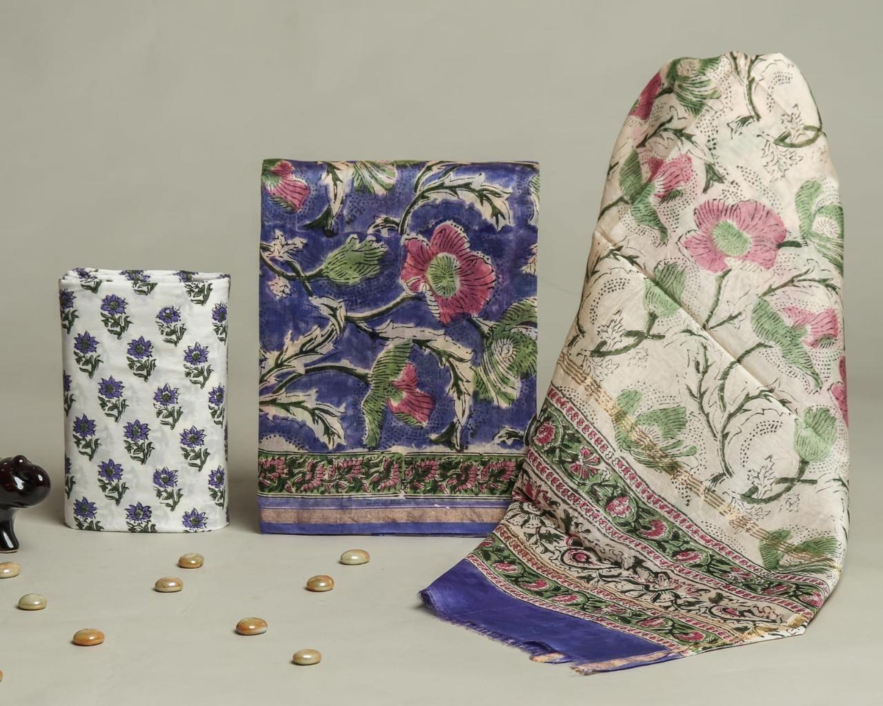 Designer Handblock Printed Chanderi Silk Suit Set