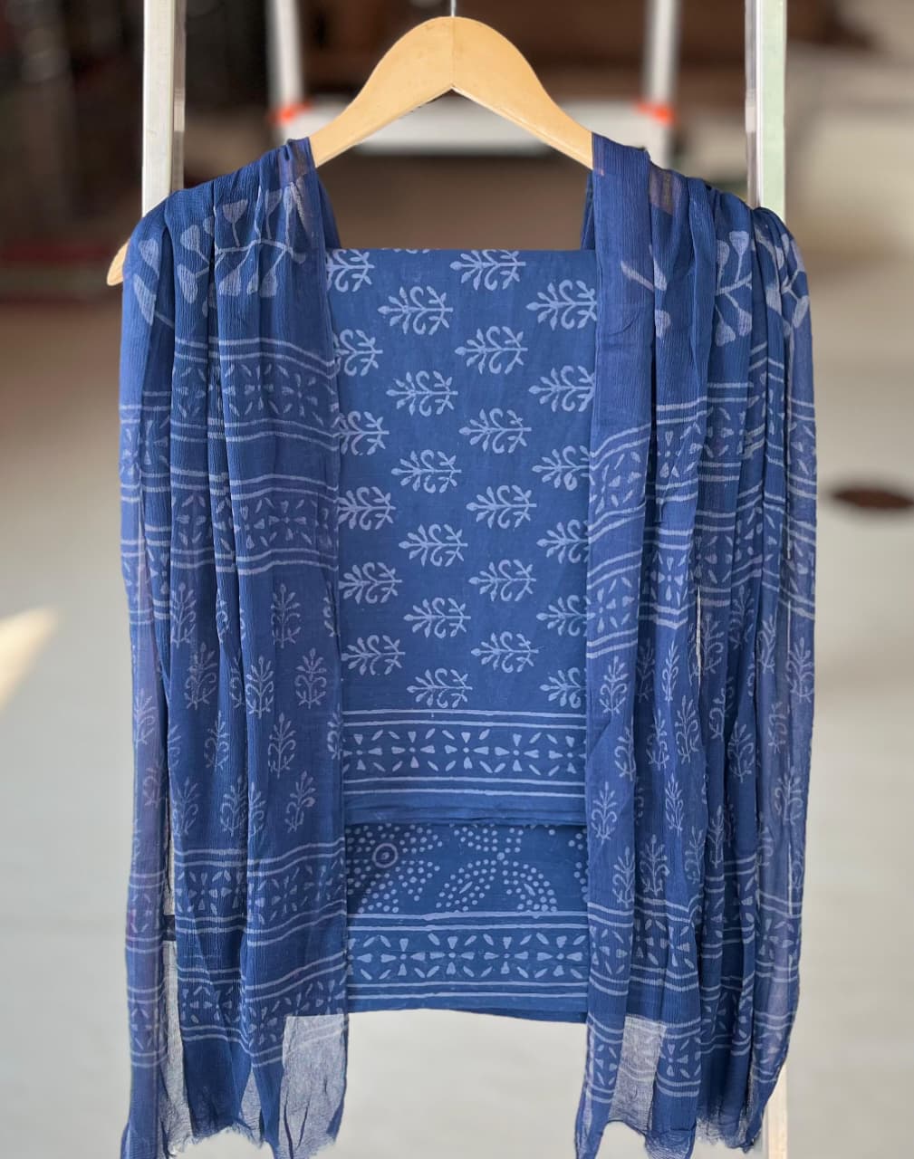Pure Cotton Hand Block Printed Suit Set With Chiffon Dupatta