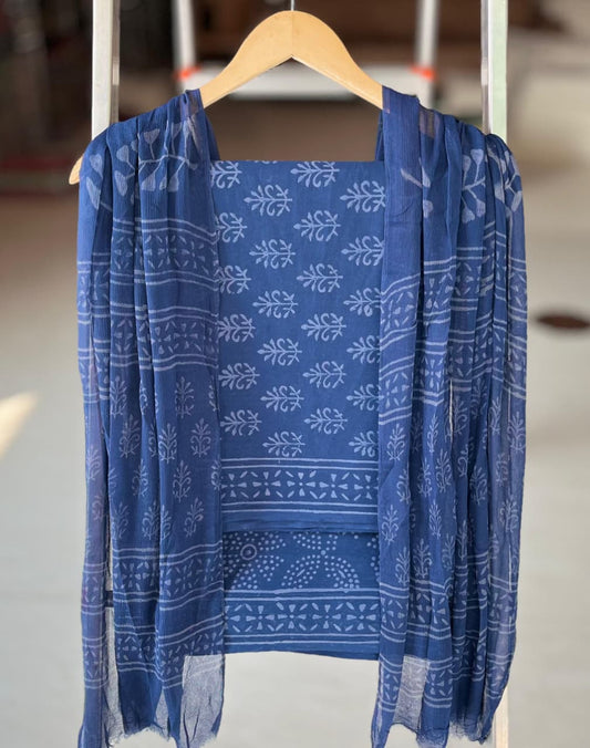 Pure Cotton Hand Block Printed Suit Set With Chiffon Dupatta