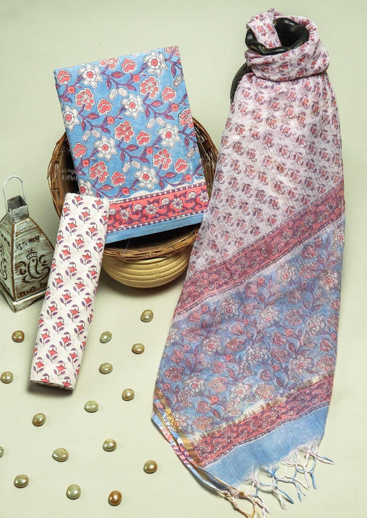 Pure Cotton Hand Block Printed Suit Set With Kota Doria Dupatta