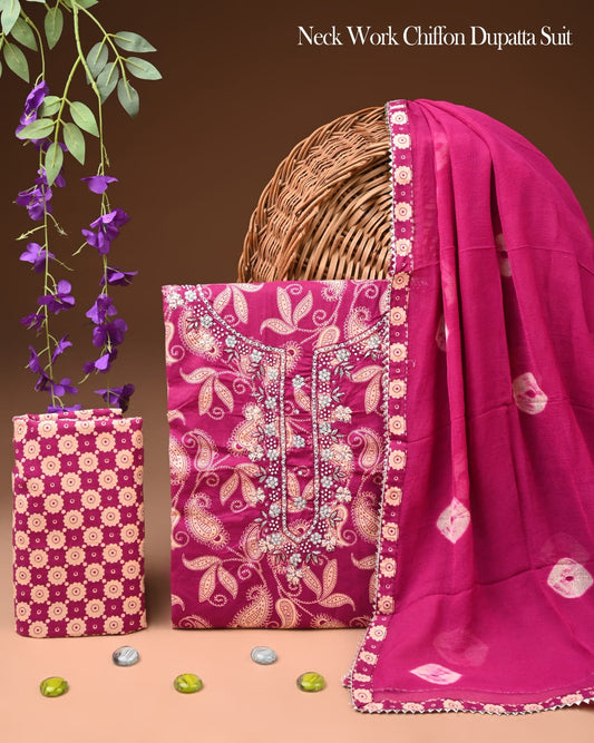 Premium Gota Patti Work Cotton Suit Set With Chiffon Dupatta