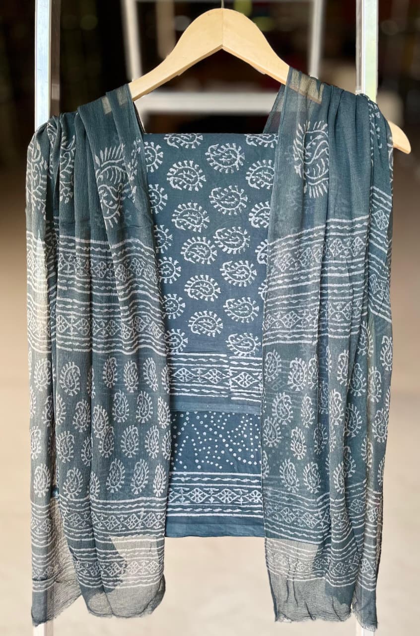 Pure Cotton Hand Block Printed Suit Set With Chiffon Dupatta