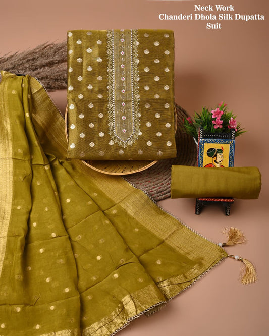 Premium Heavy Neck Work Dola Silk Suit Set