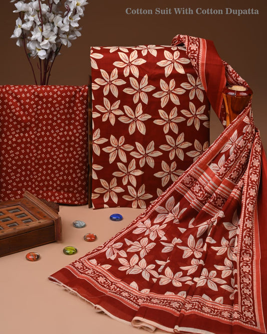 Designer Hand Block Printed Cotton Suit Set With Cotton Dupatta