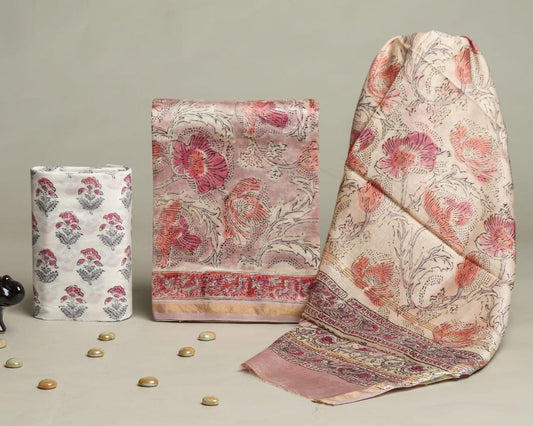 Designer Handblock Printed Chanderi Silk Suit Set