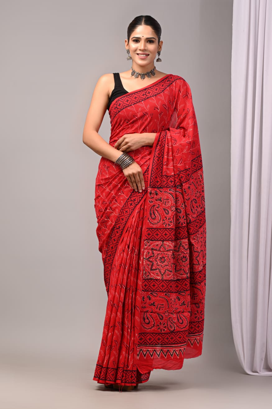 Pure Soft Cotton Handblock Printed Saree With Blouse