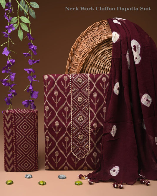 Premium Gota Patti Work Cotton Suit Set With Chiffon Dupatta