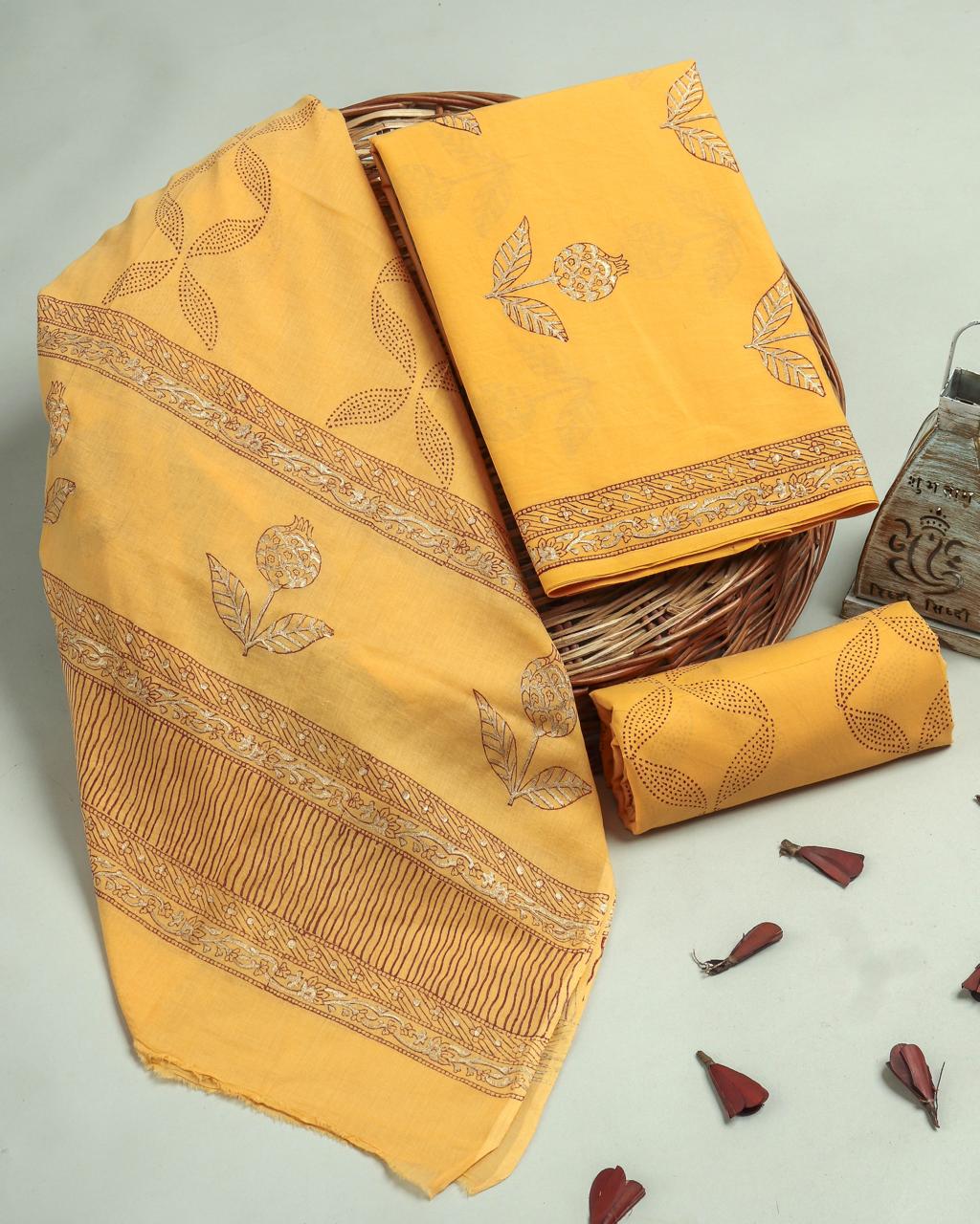 Designer Hand Block Printed Cotton Suit Set With Cotton Dupatta
