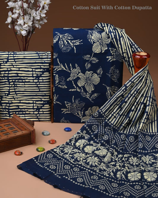 Designer Hand Block Printed Cotton Suit Set With Cotton Dupatta