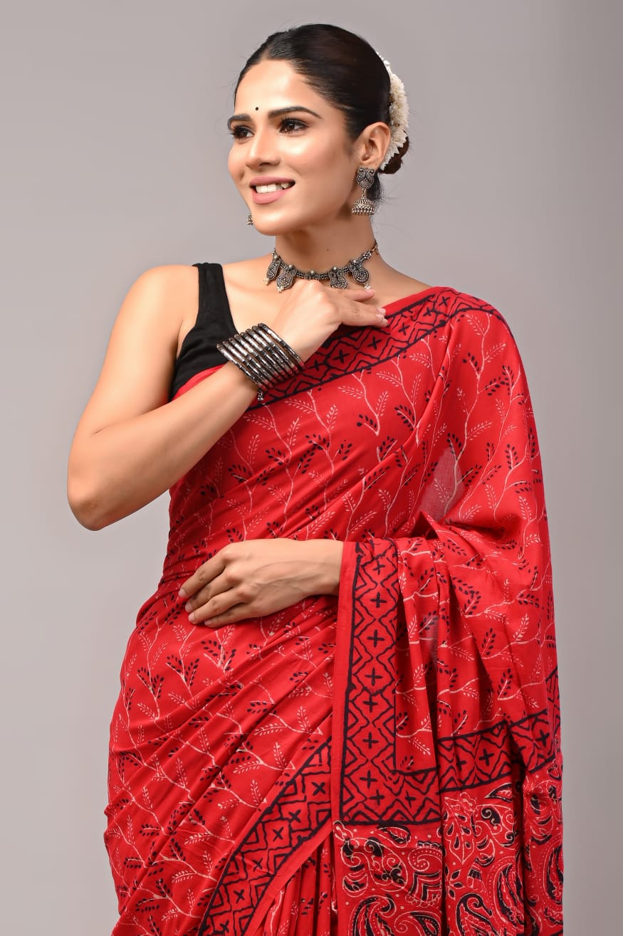 Pure Soft Cotton Handblock Printed Saree With Blouse