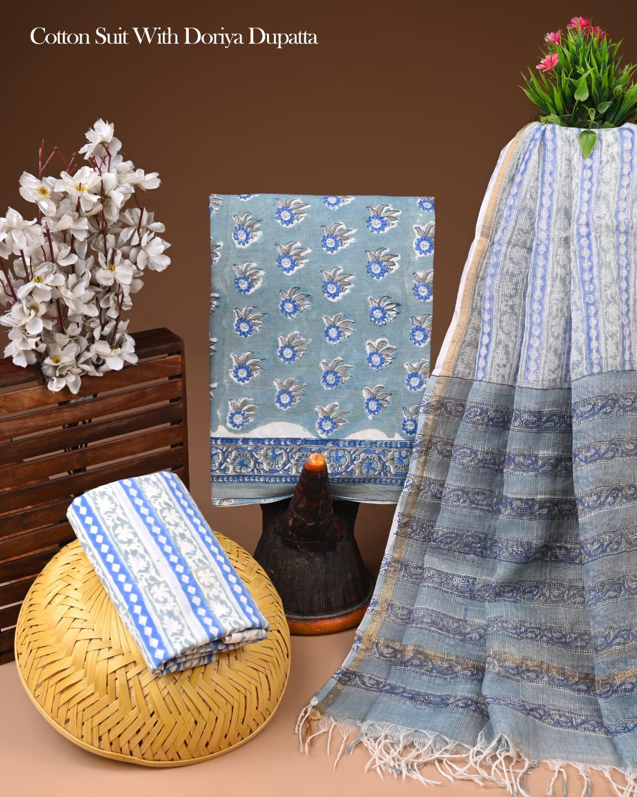 Pure Cotton Hand Block Printed Suit Set With Kota Doria Dupatta