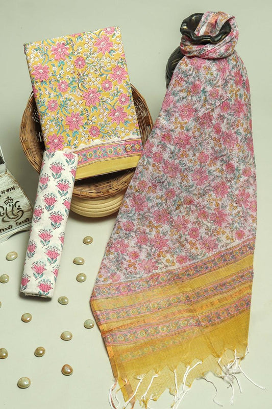 Pure Cotton Hand Block Printed Suit Set With Kota Doria Dupatta