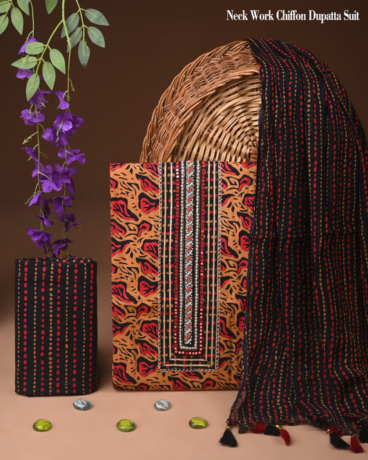 Premium Gota Patti Work Cotton Suit Set With Chiffon Dupatta