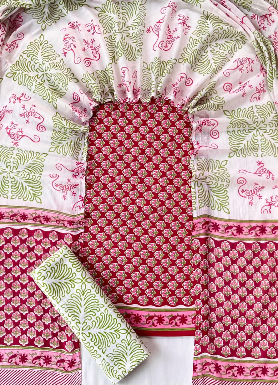 Pure Soft Cotton Hand Block Printed Suit Set With Cotton Dupatta