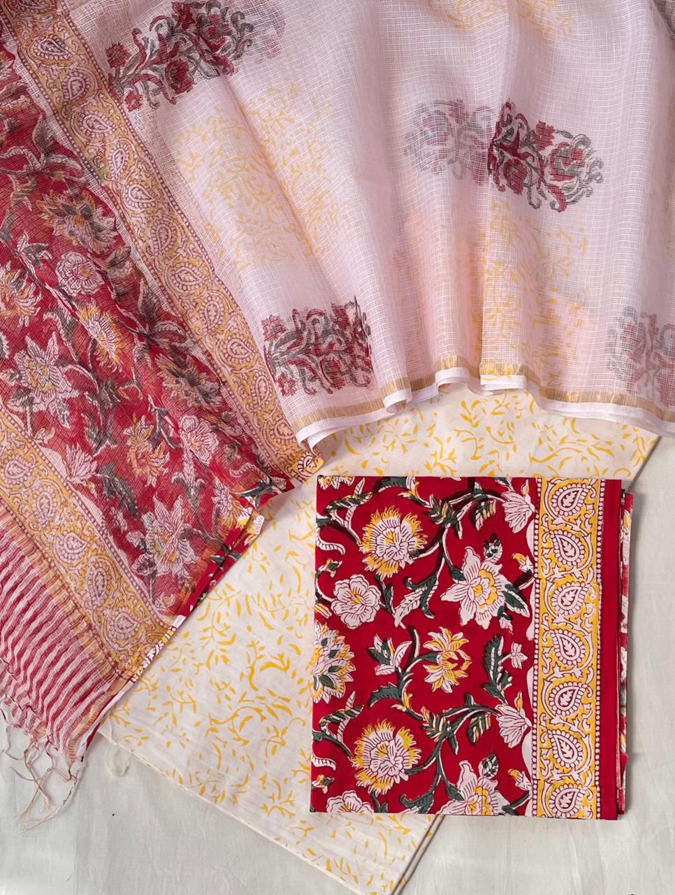 Pure Cotton Hand Block Printed Suit Set With Kota Doria Dupatta
