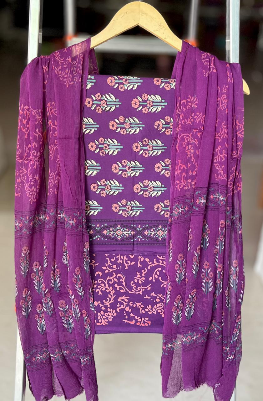 Pure Soft Cotton Hand Block Printed Suit Set With Chiffon Dupatta
