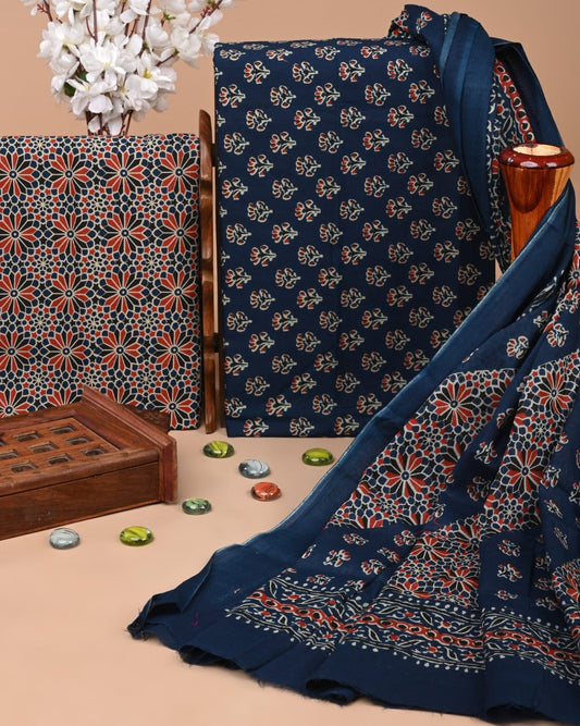 Designer Hand Block Printed Cotton Suit Set With Cotton Dupatta