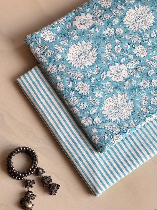 Pure Soft Cotton Handblock Printed 2PC Top-Bottom Suit Set (2.50 Meter Each)