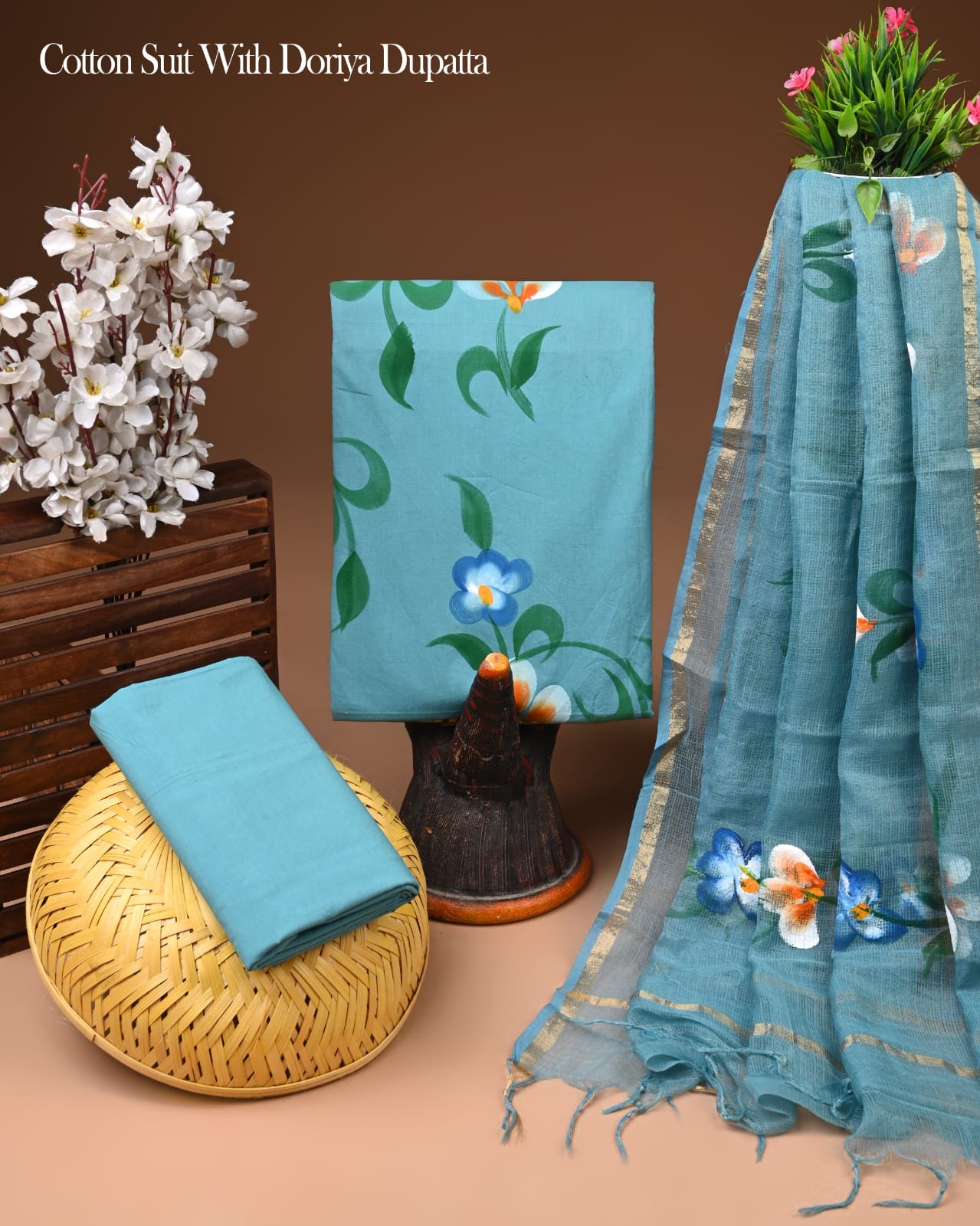 Pure Cotton Hand Block Printed Suit Set With Kota Doria Dupatta
