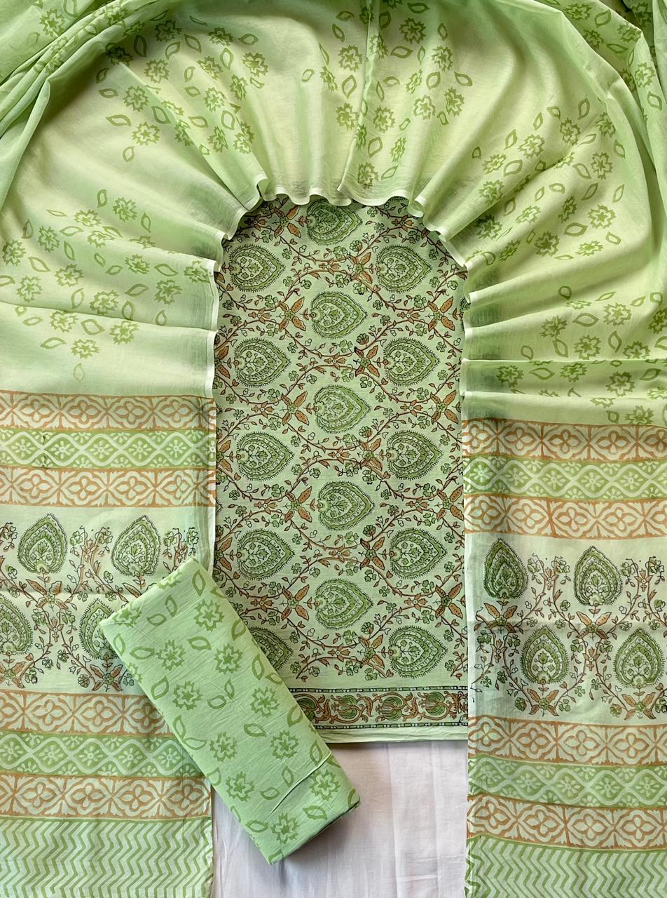 Pure Soft Cotton Hand Block Printed Suit Set With Cotton Dupatta