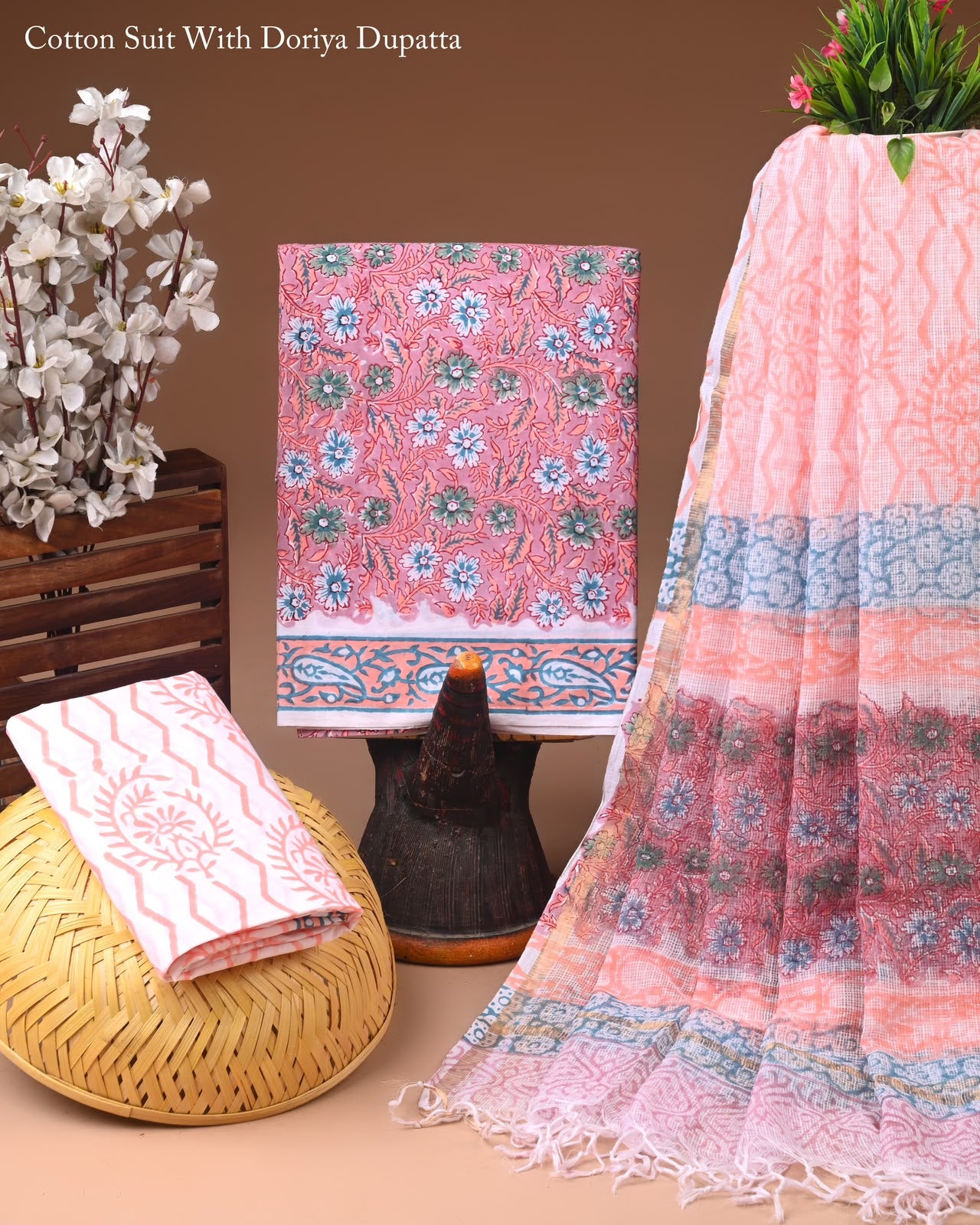 Pure Cotton Hand Block Printed Suit Set With Kota Doria Dupatta