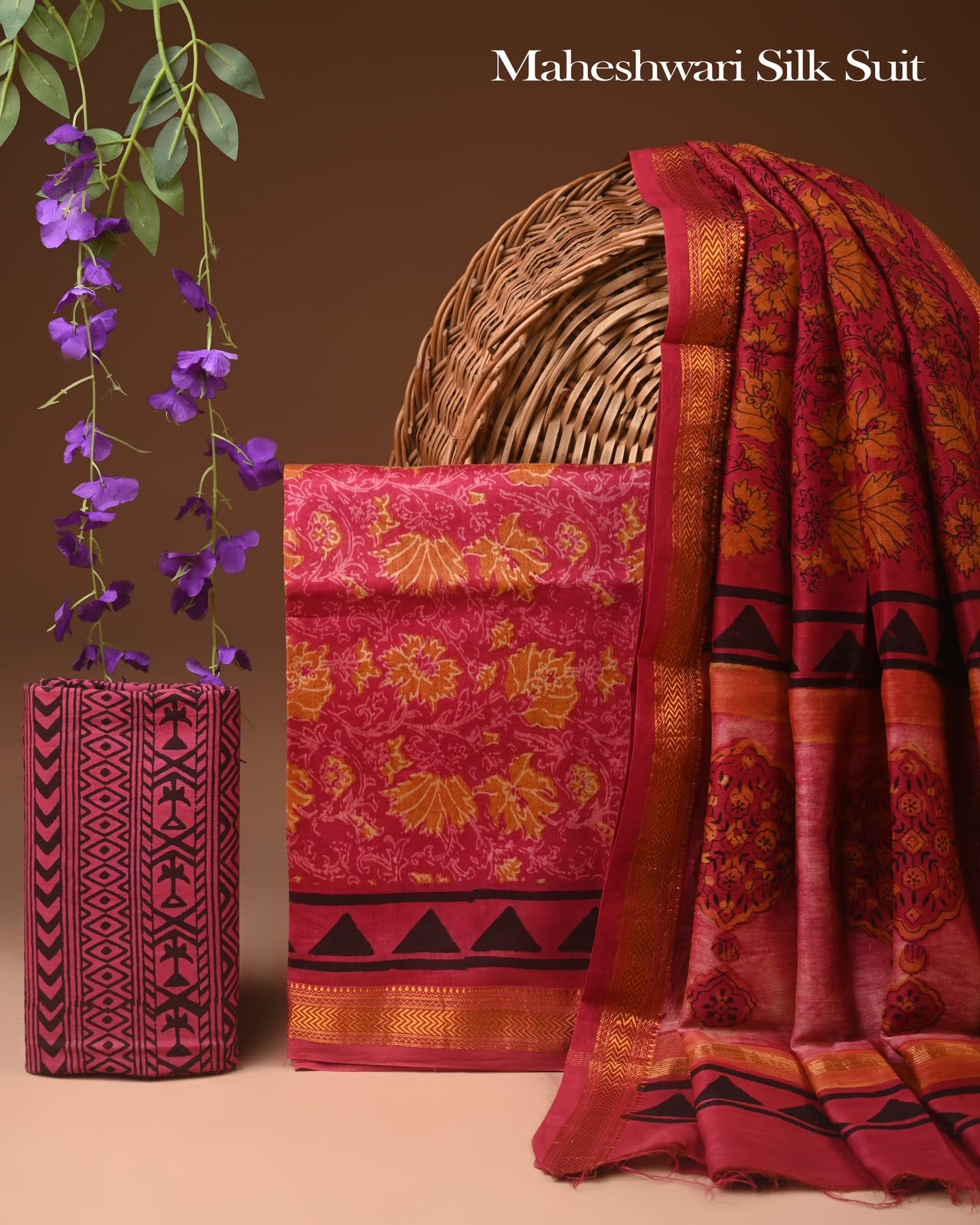 Premium Designer Handblock Printed Maheshwari Silk Suit Set