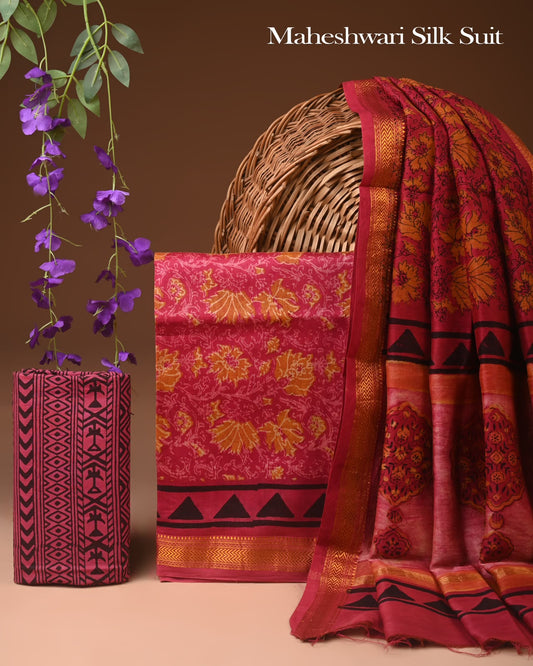 Premium Designer Handblock Printed Maheshwari Silk Suit Set