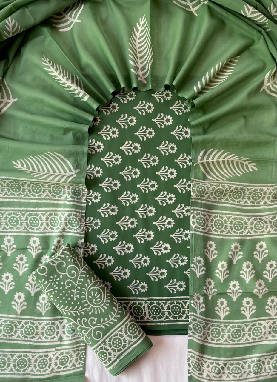 Pure Soft Cotton Hand Block Printed Suit Set With Cotton Dupatta