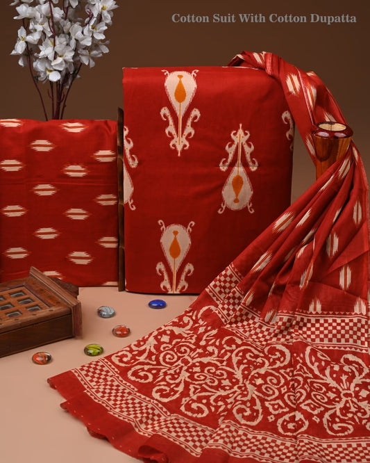 Designer Hand Block Printed Cotton Suit Set With Cotton Dupatta