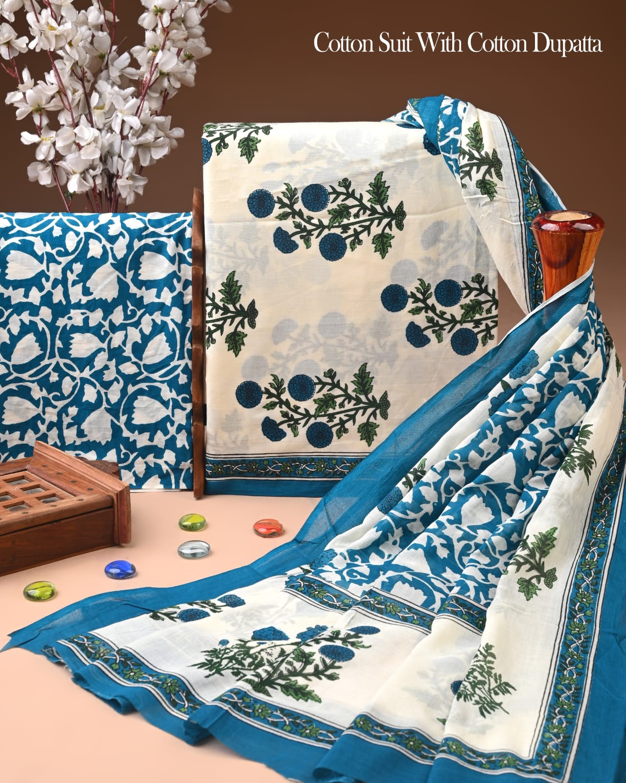 Pure Soft Cotton Hand Block Printed Suit Set With Cotton Dupatta