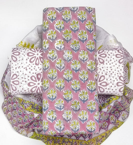 Pure Cotton Hand Block Printed Suit Set With Chiffon Dupatta
