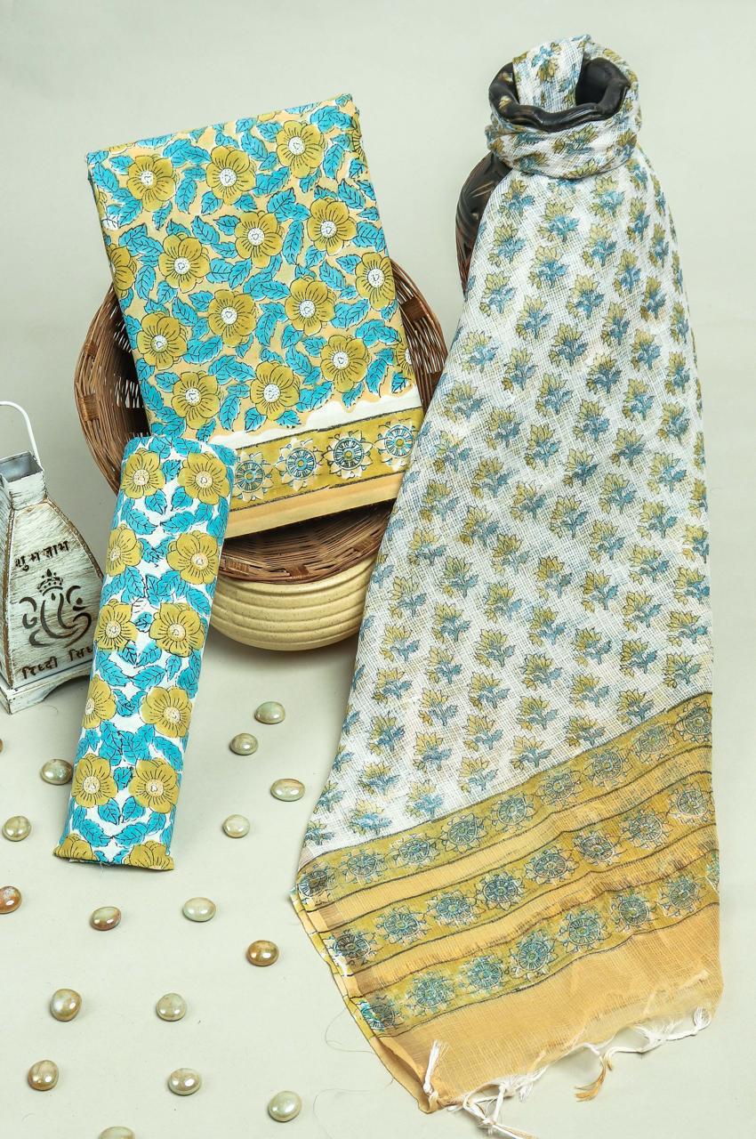 Pure Cotton Hand Block Printed Suit Set With Kota Doria Dupatta