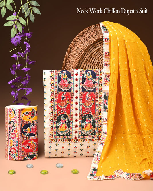 Premium Gota Patti Work Cotton Suit Set With Chiffon Dupatta