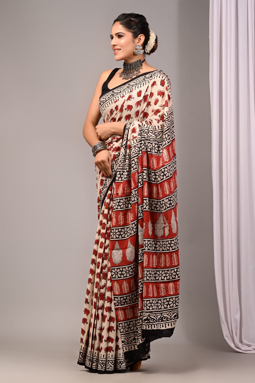 Pure Soft Cotton Handblock Printed Saree With Blouse