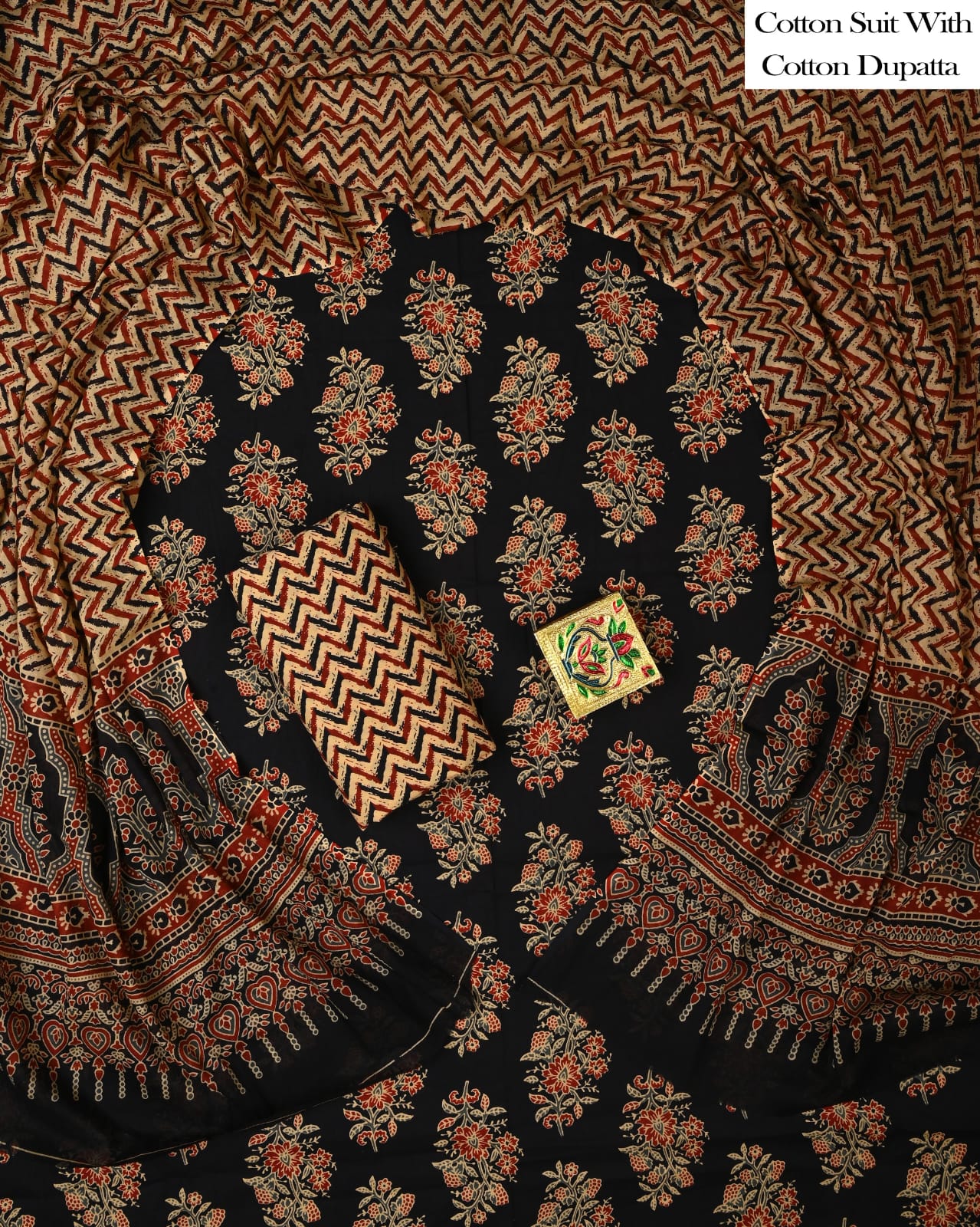 Designer Hand Block Printed Cotton Suit Set With Cotton Dupatta