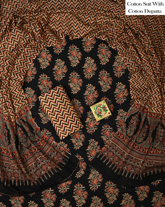 Designer Hand Block Printed Cotton Suit Set With Cotton Dupatta