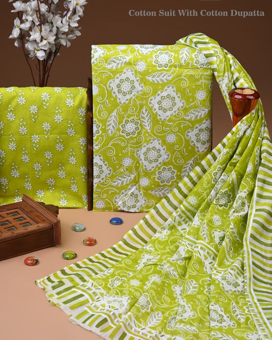 Designer Hand Block Printed Cotton Suit Set With Cotton Dupatta