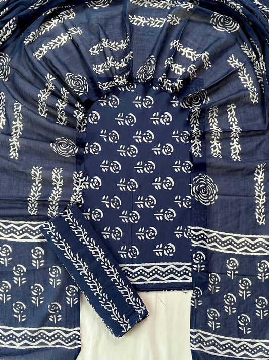Pure Soft Cotton Hand Block Printed Suit Set With Cotton Dupatta